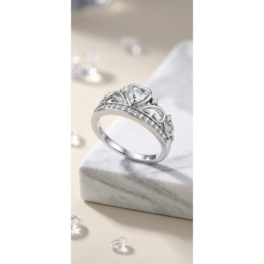 925 Sterling Silver Heart Crown Tiara Ring Clear CZ Princess Promise Band Sz 10